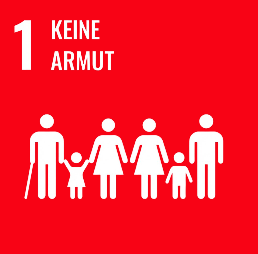 Rotes Symbolbild "Keine Armut" (Ziel 1) mit weißen Figuren einer Familie